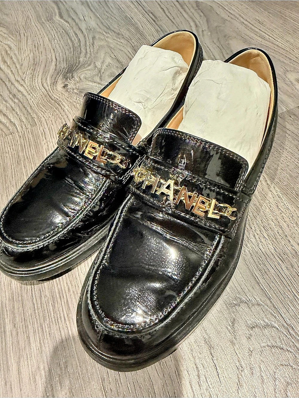 Chanel Black Patent Leather Gold Chain Lettering Loafers
